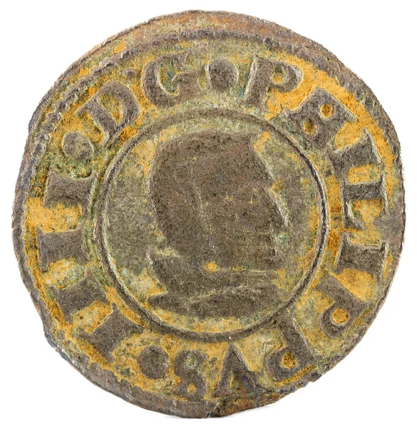 Ancient Spanish Copper Coin King Felipe 1661 Coined Segovia Maravedis — Stock Photo, Image