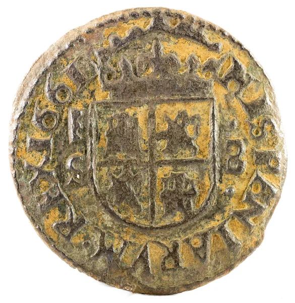 Antigua Moneda Española Cobre Del Rey Felipe 1661 Acuñado Segovia — Foto de Stock