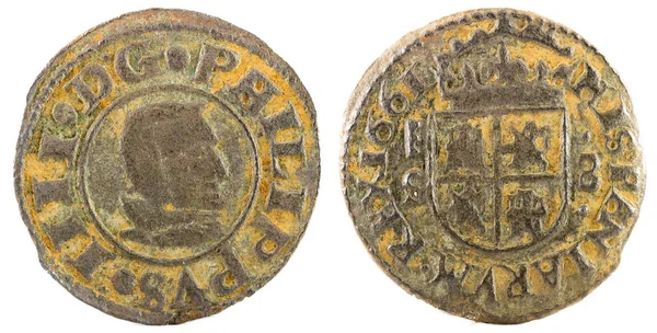 Ancient Spanish Copper Coin King Felipe 1661 Coined Segovia Maravedis — Stock Photo, Image