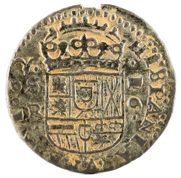 Ancient Spanish copper coin of King Felipe IV. 1662. Coined in Sevilla. 16 Maravedis. Reverse.