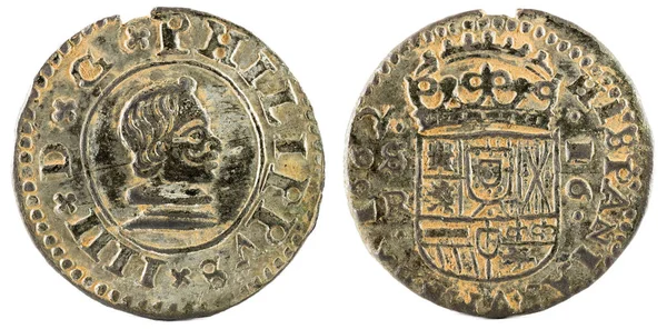 Αρχαία Ισπανική Χαλκού Κέρμα Του Βασιλιά Felipe 1662 Επινοήθηκε Στη — Φωτογραφία Αρχείου
