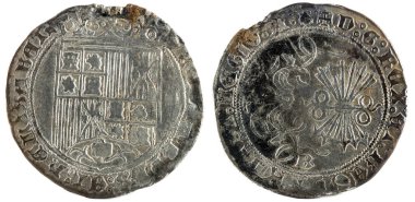 Eski İspanyol krallar Fernando e Isabel sikke gümüş. Katolik papaz. Burgos içinde icat. Gerçek.