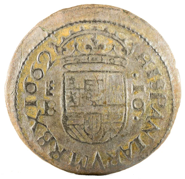 Antigua Moneda Española Cobre Del Rey Felipe 1662 Acuñado Segovia — Foto de Stock