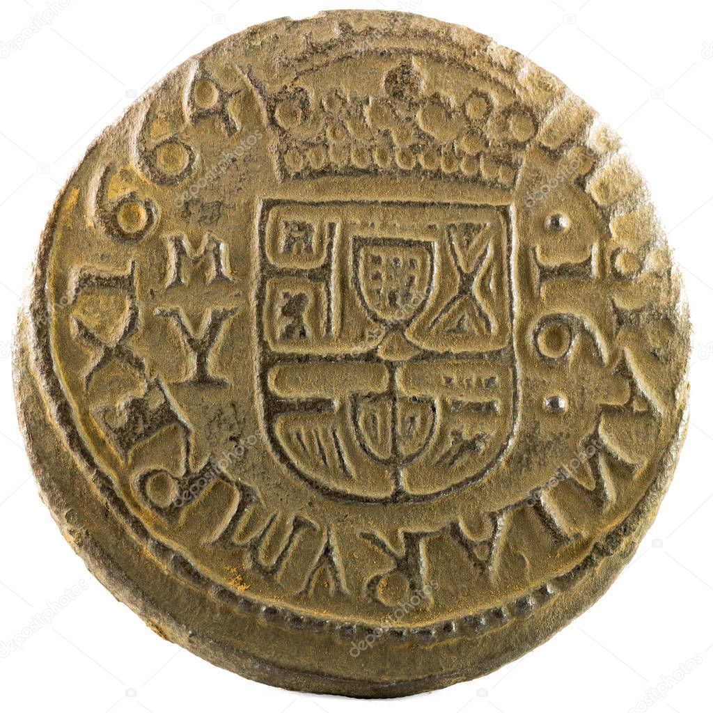 Ancient Spanish copper coin of King Felipe IV. 1664. Coined in Madrid. 16 Maravedis. Reverse.