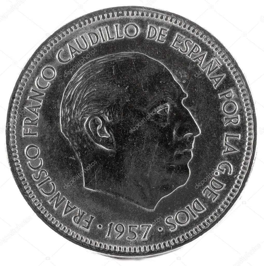 Old Spanish coin of 25 pesetas, Francisco Franco. Year 1957, 74 in the star. Obverse.