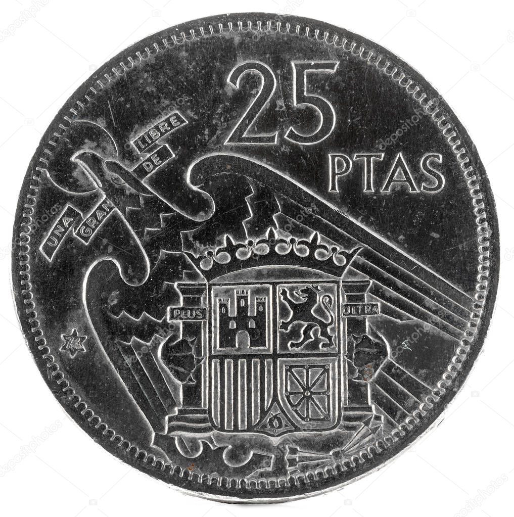 Old Spanish coin of 25 pesetas, Francisco Franco. Year 1957, 74 in the star. Reverse..