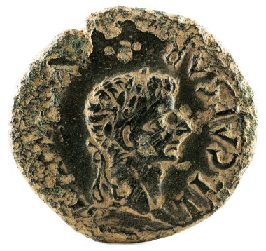 İmparator Tiberius antik Roma bakır sikke. İmparator Augustus ile. As Turiaso icat. Ön yüzde.