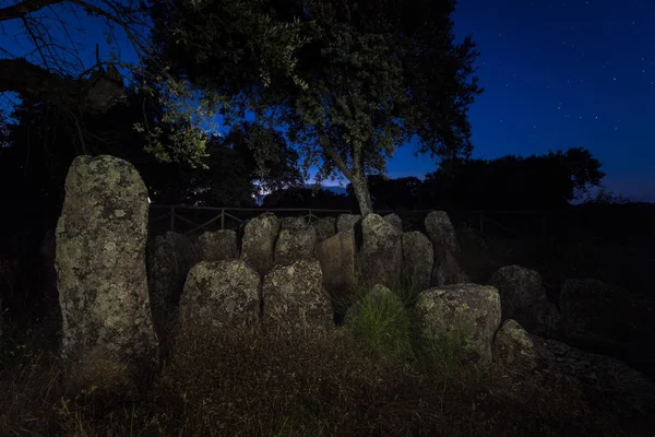 Landscape at dusk with ancient prehistoric dolmen. Gran Dolmen in Montehermoso. Extremadura Spain.