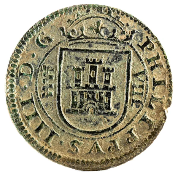 Antigua Moneda Española Cobre Del Rey Felipe 1664 Acuñado Segovia — Foto de Stock