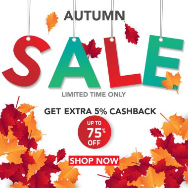 Sonbahar satış banner şablon yapraklarla, sonbahar yaprakları Satılık alışveriş için. Banner tasarımı. Poster, kart, etiket, web afiş. Vektör çizim