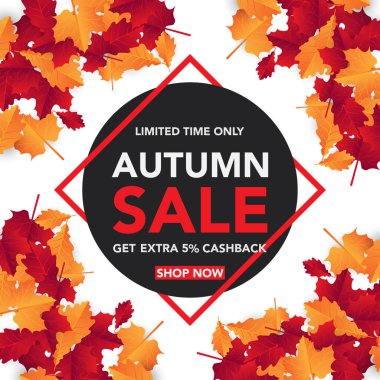 Sonbahar satış banner şablon yapraklarla, sonbahar yaprakları Satılık alışveriş için. Banner tasarımı. Poster, kart, etiket, web afiş. Vektör çizim