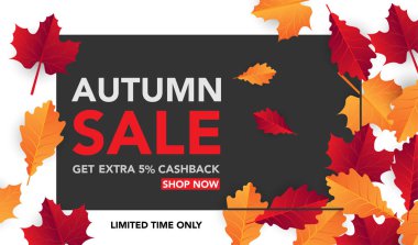 Sonbahar satış banner şablon yapraklarla, sonbahar yaprakları Satılık alışveriş için. Banner tasarımı. Poster, kart, etiket, web afiş. Vektör çizim
