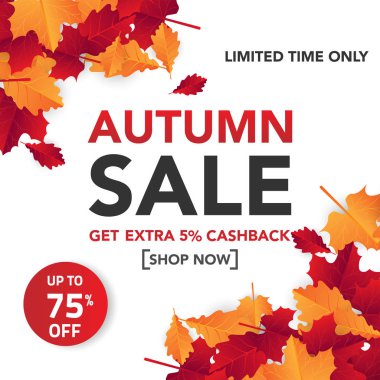 Sonbahar satış banner şablon yapraklarla, sonbahar yaprakları Satılık alışveriş için. Banner tasarımı. Poster, kart, etiket, web afiş. Vektör çizim
