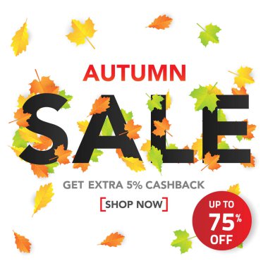Sonbahar satış banner şablon yapraklarla, sonbahar yaprakları Satılık alışveriş için. Banner tasarımı. Poster, kart, etiket, web afiş. Vektör çizim