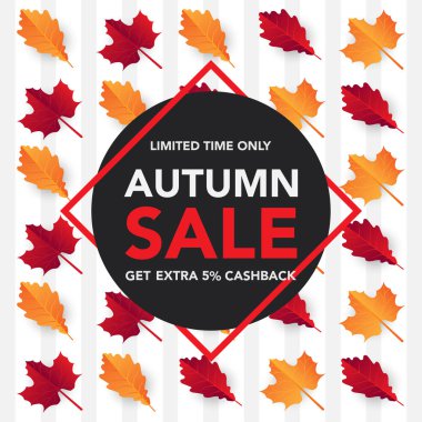 Sonbahar satış banner şablon yapraklarla, sonbahar yaprakları Satılık alışveriş için. Banner tasarımı. Poster, kart, etiket, web afiş. Vektör çizim