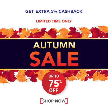 Sonbahar satış banner şablon yapraklarla, sonbahar yaprakları Satılık alışveriş için. Banner tasarımı. Poster, kart, etiket, web afiş. Vektör çizim