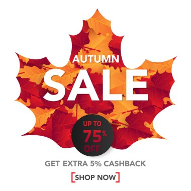 Sonbahar satış banner şablon yapraklarla, sonbahar yaprakları Satılık alışveriş için. Banner tasarımı. Poster, kart, etiket, web afiş. Vektör çizim