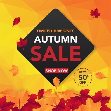 Sonbahar satış banner şablon yapraklarla, sonbahar yaprakları Satılık alışveriş için. Banner tasarımı. Poster, kart, etiket, web afiş. Vektör çizim