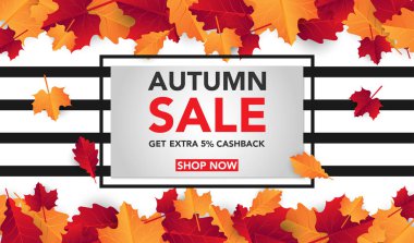Sonbahar satış banner şablon yapraklarla, sonbahar yaprakları Satılık alışveriş için. Banner tasarımı. Poster, kart, etiket, web afiş. Vektör çizim