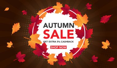 Sonbahar satış banner şablon yapraklarla, sonbahar yaprakları Satılık alışveriş için. Banner tasarımı. Poster, kart, etiket, web afiş. Vektör çizim