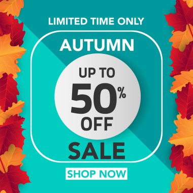 Sonbahar satış banner şablon yapraklarla, sonbahar yaprakları Satılık alışveriş için. Banner tasarımı. Poster, kart, etiket, web afiş. Vektör çizim