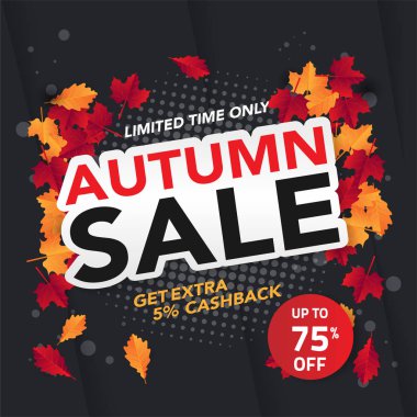 Sonbahar satış banner şablon yapraklarla, sonbahar yaprakları Satılık alışveriş için. Banner tasarımı. Poster, kart, etiket, web afiş. Vektör çizim