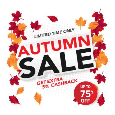 Sonbahar satış banner şablon yapraklarla, sonbahar yaprakları Satılık alışveriş için. Banner tasarımı. Poster, kart, etiket, web afiş. Vektör çizim
