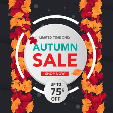 Sonbahar satış banner şablon yapraklarla, sonbahar yaprakları Satılık alışveriş için. Banner tasarımı. Poster, kart, etiket, web afiş. Vektör çizim