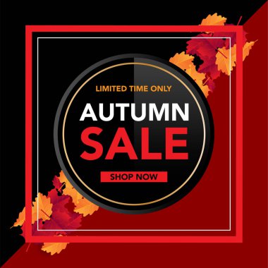 Sonbahar satış banner şablon yapraklarla, sonbahar yaprakları Satılık alışveriş için. Banner tasarımı. Poster, kart, etiket, web afiş. Vektör çizim