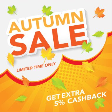 Sonbahar satış banner şablon yapraklarla, sonbahar yaprakları Satılık alışveriş için. Banner tasarımı. Poster, kart, etiket, web afiş. Vektör çizim