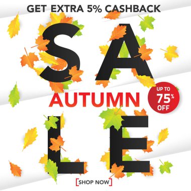 Sonbahar satış banner şablon yapraklarla, sonbahar yaprakları Satılık alışveriş için. Banner tasarımı. Poster, kart, etiket, web afiş. Vektör çizim