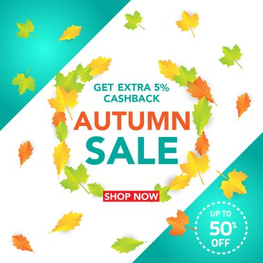 Sonbahar satış banner şablon yapraklarla, sonbahar yaprakları Satılık alışveriş için. Banner tasarımı. Poster, kart, etiket, web afiş. Vektör çizim
