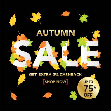 Sonbahar satış banner şablon yapraklarla, sonbahar yaprakları Satılık alışveriş için. Banner tasarımı. Poster, kart, etiket, web afiş. Vektör çizim