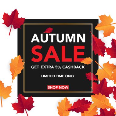Sonbahar satış banner şablon yapraklarla, sonbahar yaprakları Satılık alışveriş için. Banner tasarımı. Poster, kart, etiket, web afiş. Vektör çizim