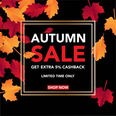 Sonbahar satış banner şablon yapraklarla, sonbahar yaprakları Satılık alışveriş için. Banner tasarımı. Poster, kart, etiket, web afiş. Vektör çizim