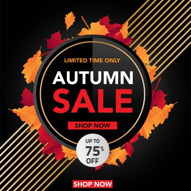 Sonbahar satış banner şablon yapraklarla, sonbahar yaprakları Satılık alışveriş için. Banner tasarımı. Poster, kart, etiket, web afiş. Vektör çizim