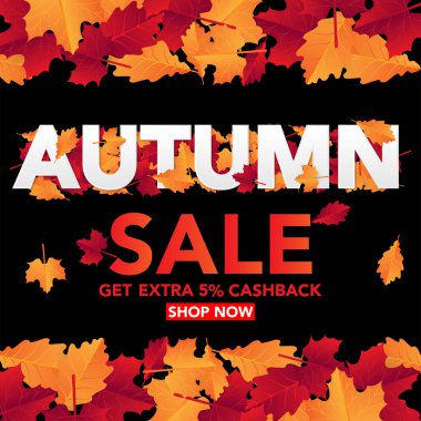 Sonbahar satış banner şablon yapraklarla, sonbahar yaprakları Satılık alışveriş için. Banner tasarımı. Poster, kart, etiket, web afiş. Vektör çizim