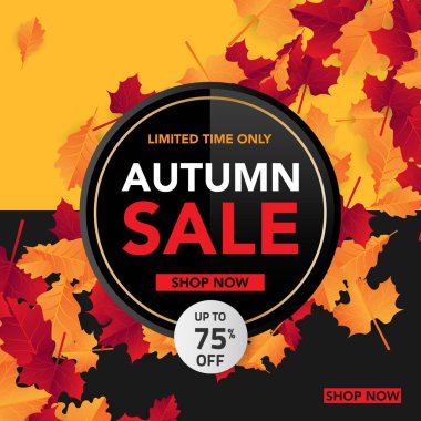 Sonbahar satış banner şablon yapraklarla, sonbahar yaprakları Satılık alışveriş için. Banner tasarımı. Poster, kart, etiket, web afiş. Vektör çizim