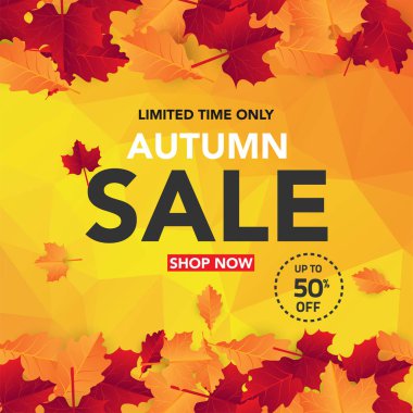 Sonbahar satış banner şablon yapraklarla, sonbahar yaprakları Satılık alışveriş için. Banner tasarımı. Poster, kart, etiket, web afiş. Vektör çizim