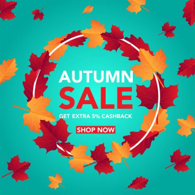 Sonbahar satış banner şablon yapraklarla, sonbahar yaprakları Satılık alışveriş için. Banner tasarımı. Poster, kart, etiket, web afiş. Vektör çizim