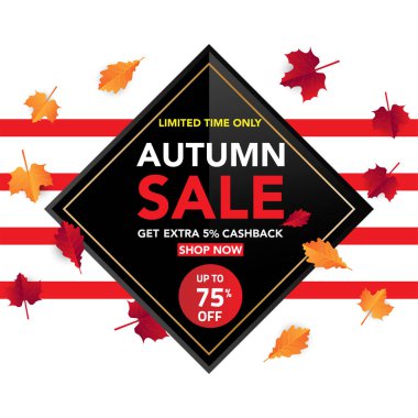 Sonbahar satış banner şablon yapraklarla, sonbahar yaprakları Satılık alışveriş için. Banner tasarımı. Poster, kart, etiket, web afiş. Vektör çizim
