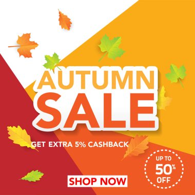 Sonbahar satış banner şablon yapraklarla, sonbahar yaprakları Satılık alışveriş için. Banner tasarımı. Poster, kart, etiket, web afiş. Vektör çizim