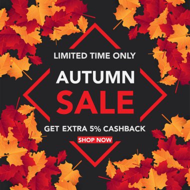 Sonbahar satış banner şablon yapraklarla, sonbahar yaprakları Satılık alışveriş için. Banner tasarımı. Poster, kart, etiket, web afiş. Vektör çizim
