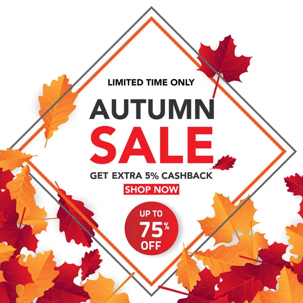 Sonbahar satış banner şablon yapraklarla, sonbahar yaprakları Satılık alışveriş için. Banner tasarımı. Poster, kart, etiket, web afiş. Vektör çizim