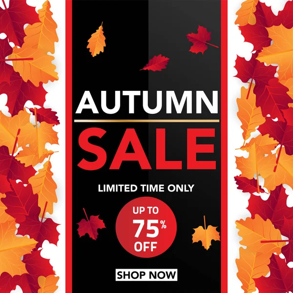 Sonbahar satış banner şablon yapraklarla, sonbahar yaprakları Satılık alışveriş için. Banner tasarımı. Poster, kart, etiket, web afiş. Vektör çizim