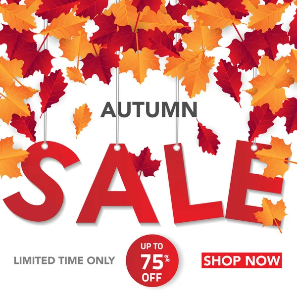 Sonbahar satış banner şablon yapraklarla, sonbahar yaprakları Satılık alışveriş için. Banner tasarımı. Poster, kart, etiket, web afiş. Vektör çizim