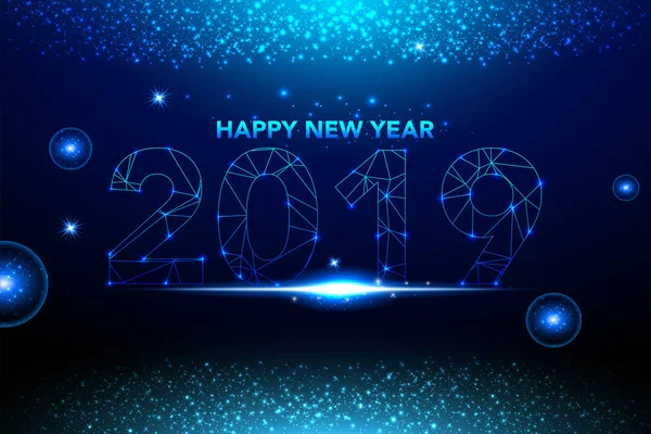 Mutlu yeni yıl 2019 arka plan mavi glitter konfeti ile sıçramak. Festival sigorta primi tebrik kartı, takvim, afiş tasarım şablonu. mavi arka plan üzerinde parlayan ışıklar daire. Vektör çizim