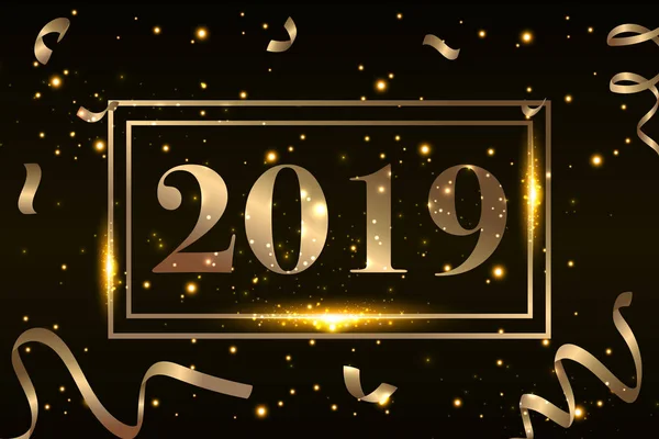 Mutlu yeni yıl 2019 arka plan altın glitter konfeti ile sıçramak. Festival sigorta primi tebrik kartı, takvim, afiş tasarım şablonu. siyah arka plan üzerinde parlayan ışıklar daire. Vektör çizim