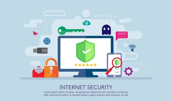 Internet güvenlik düz tasarım konsepti, güvenli iş kavramı, afiş, arka plan, kitap Illustration için uygun. Sunum, açılış sayfası, Web afiş ve ilgili diğer. Vektör çizim şablonu.
