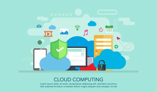 Concetto Internet Cloud Computing Collegato Cloud Storage Adatto Banner Sfondo — Vettoriale Stock